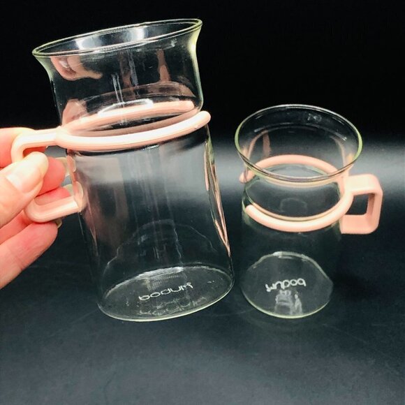 BODUM Coffee Cup PAIR Vintage French Bistro Clear Glass Mugs 70s Pink Handles - Picture 10 of 12